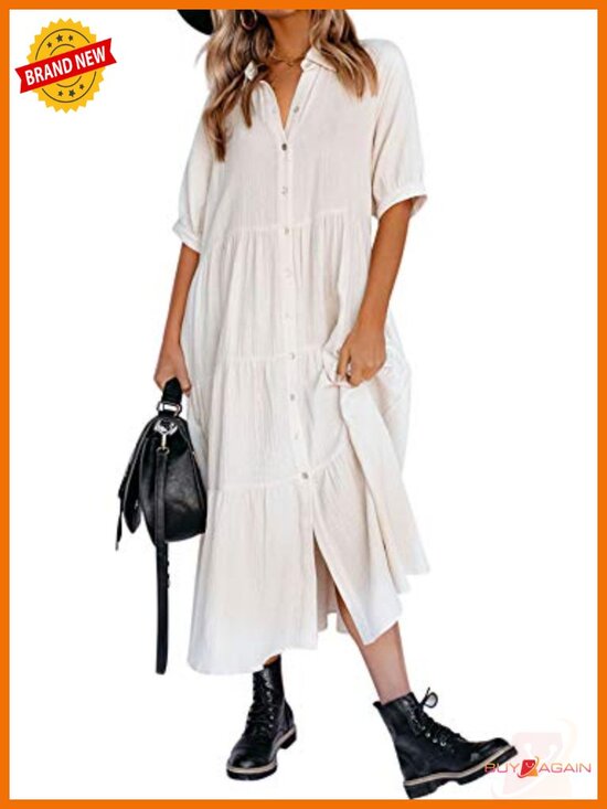 Dresses & Skirts - Women's Cotton Button Down Midi Dress with Pockets